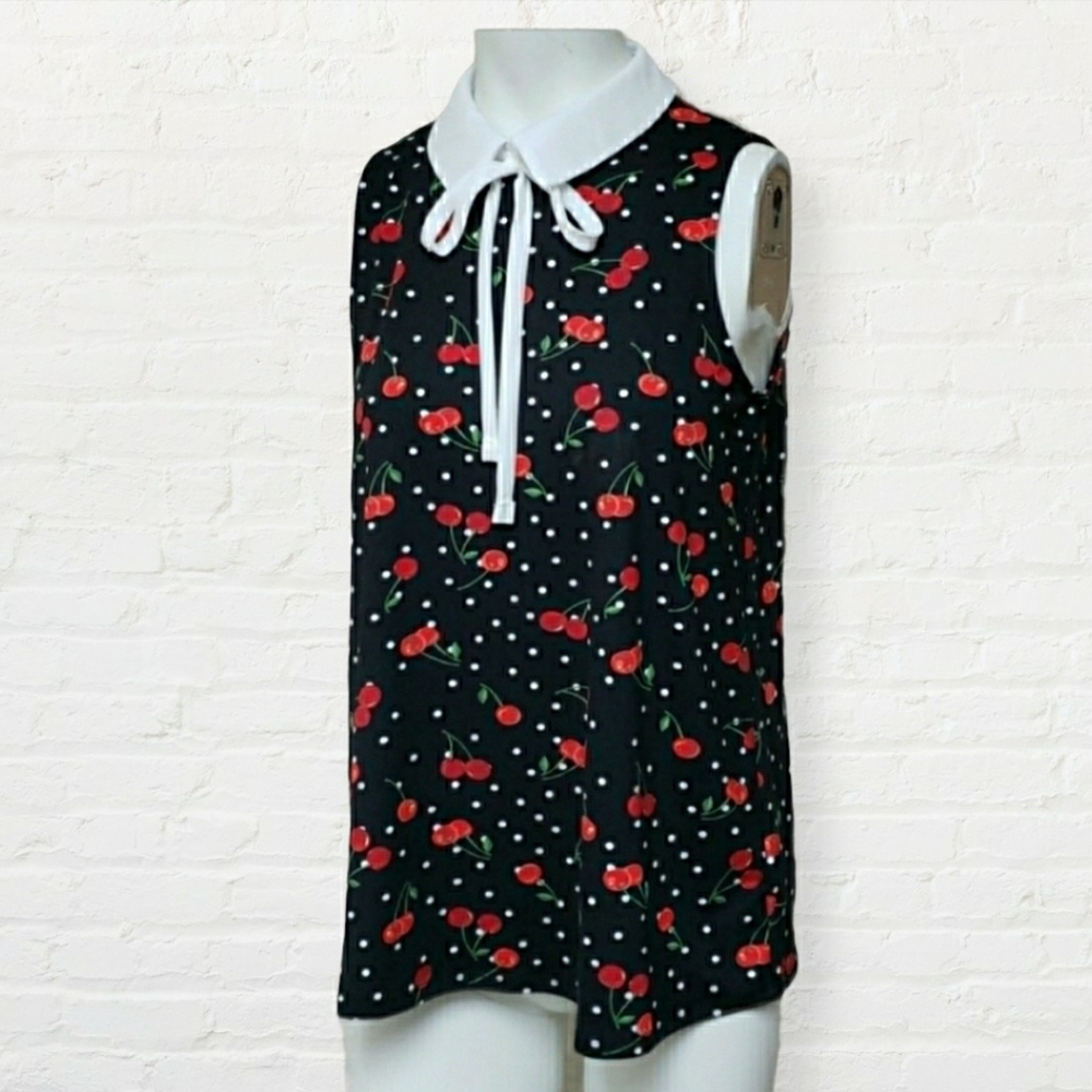 Faith and Joy small black cherry polka dot sleeveless shirt w peter pan Collar